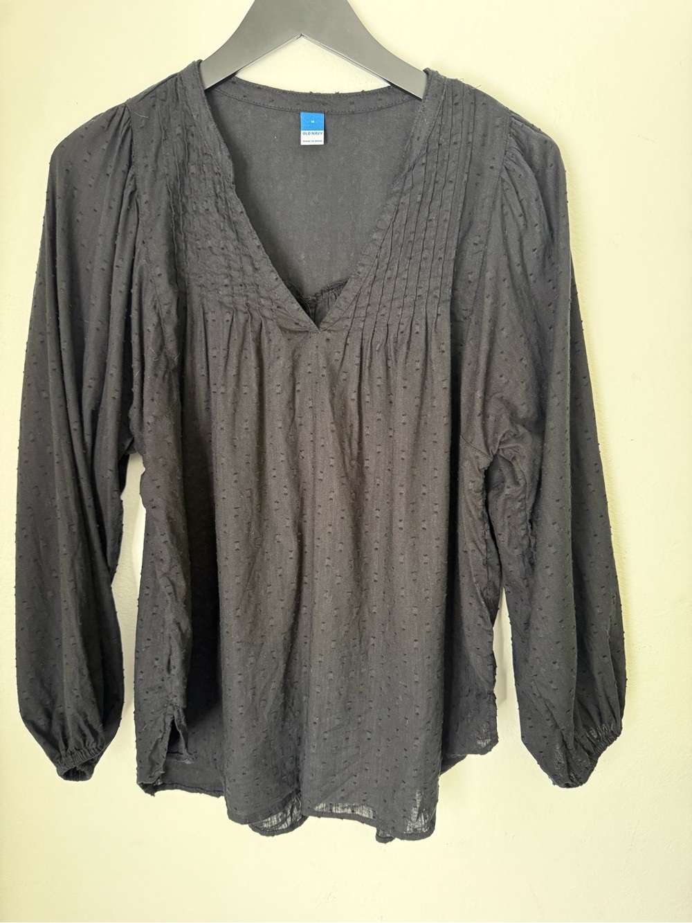 Old Navy Black Clip Dot Poet Tunic Blouse Pleated Puff Long Sleeve Top Medium